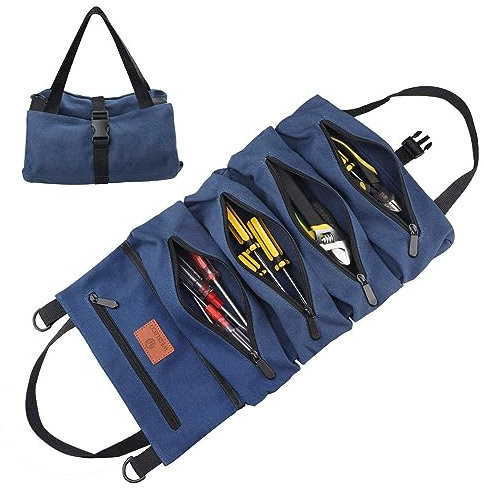 Wessleco Roll Up Bag, 16OZ Canvas Wrench Pouch Multi-Purpose Tool Organizer, 5 Zippered Pockets (Blue)