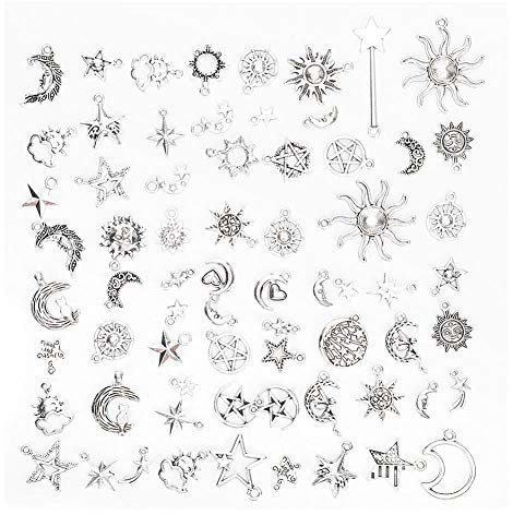 KUIDAMOS 70 Stück Sonne Mond Sternmuster Anhänger tibetische Silber-Charms Schmuckherstellung Anhänger Schmuckzubehör Perlen Sortiment Zubehör für DIY Breloques