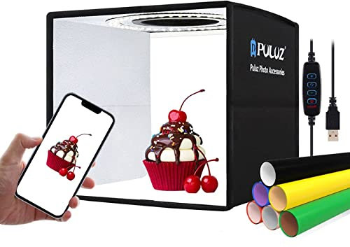 PULUZ Mini fotobox 25x25cm zum für produktfotografie Photo Box faltbar fotostudio lichtzelt, tragbar Foto Box klein CRI 97+ mit dimmbar 96 LED Beleuchtung & 12 Farbhintergründe