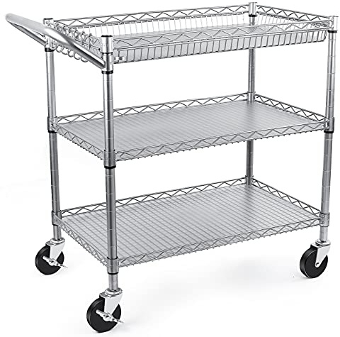 WDT Heavy Duty 3 Tier Utility Cart,Wire Rolling Carts with Wheels, Commercial Grade Service Cart with Shelving Liners and Handle Bar Metal Carts for Kitchen Office Hardware