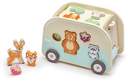 SEVI Trudi by 88036 Steckspiel Wald-Wohnmobil aus Holz, 11-teiliges Sortierspiel, Formen Lernen mit Tierfiguren, Caravan lässt Sich öffnen, Lernspielzeug für Kinder ab 12 Monaten, ca. 26 x 18 x 15 cm