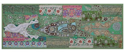 Dekorativer Tischläufer aus Ethno-Baumwolle, indisches Abendessen, Patchwork-Perlen, bestickt, für Zimmer, handgefertigt, Dekoration, Stoff, grün, 40,6 x 152,4 cm