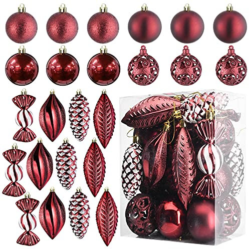 Prextex Weinrot Weihnachtskugeln für Christbaumschmuck, 24 Stück Kunststoff Christbaumkugeln mit Hängeschleife für Weihnachtstbaum Deko, Baumschmuck