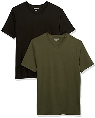 Amazon Essentials Camisetas de Cuello en v de Manga Corta Hombre, Pack de 2, Negro/Verde Oliva Oscuro, XL