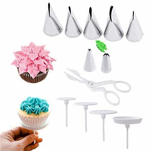 12 Pcs Cake Decorating Kit, 7pcs Stainless Steel Icing Piping Nozzle Tips, 4pcs Cake Flower Nail and 1 Flower Lifter Scissors