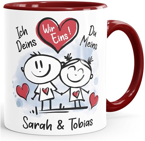 SpecialMe® Kaffee-Tasse personalisiert verliebte Strichmännchem Spruch Ich Deins Du Meins Wunschnamen Geschenk Liebe Weiss-innen-bordeauxrot Keramik-Tasse