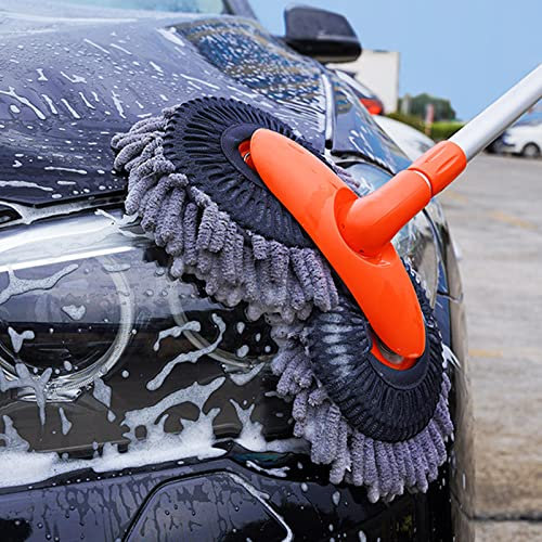 MOMOTOU Auto-Doppelkopf-Waschbürste mit Teleskop-Aluminium-Langgriff, Chenille-Mikrofaser-Auto-Reinigungsset, kein Kratzer, Nass- und Trockengebrauch, Autoreiniger (Orange)