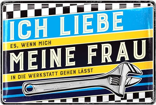 LANOLU Blechschild retro Ich liebe meine Frau - Werkstatt Schild - lustige Sprüche Schild für Papas Werkstatt - Schrauber und Kfz Mechaniker Geschenk - Deko vintage Metallschild, 20x30cm