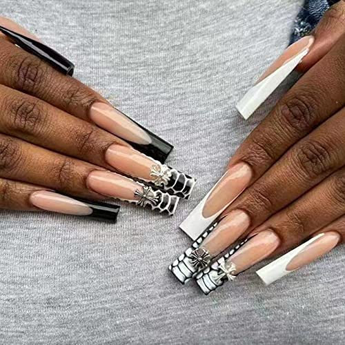 JUSTOTRY 24 Pièces Faux Ongles Long, Noir et Blanc French Press on Nails Courts avec Spider, Nude Coffin Faux Ongle avec Colle Pour Femme et Fille, Ballerina Faux Ongles à Coller Nail Art