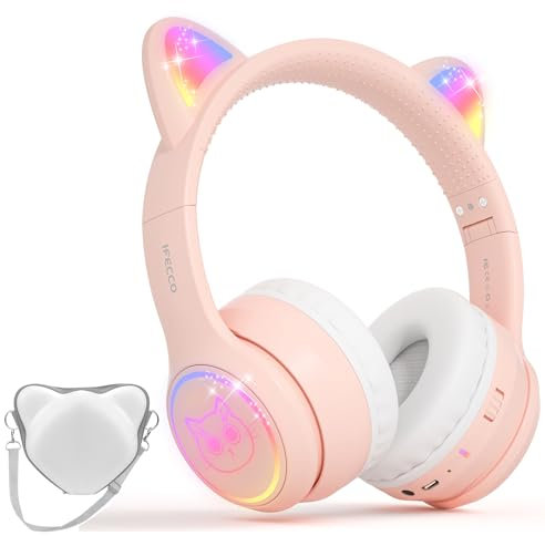 iFecco Bluetooth Kopfhörer Kinder mit Mikrofon,Kinder Kabellos Kopfhörer mit Tasche,LED-Leuchten Katzenohr Kopfhörer für Schule
