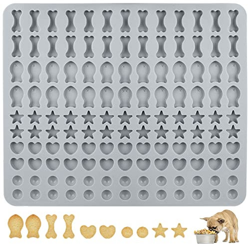Backmatte Hundekekse Silikon Backmatte Hundeleckerlies 5 Formen in 1 BPA-freie Backmatte Backform für DIY Hundekekse und Leckerlis (Hellgrau Blau, 130 Gitter, Halbkugel Fischgräte Stern Herzform)