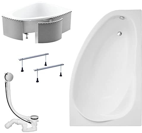 KOLMAN Badewanne MAREA Eckbadewanne 160x100 Rechts mit Styroporverkleidung, Ablaufgarnitur und Füßen Komplettset 4in1 Premium Original Acryl Wanne Siphon