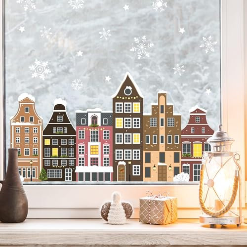 Wandtattoo Loft Fensterbilder Weihnachten Amsterdam Häuserreihe – Wiederverwendbar – A2 Bogen, 34 Sticker – Weihnachstdeko Fenster, Weihnachtsbilder Fenster, Fensterbild Winter Schneeflocken