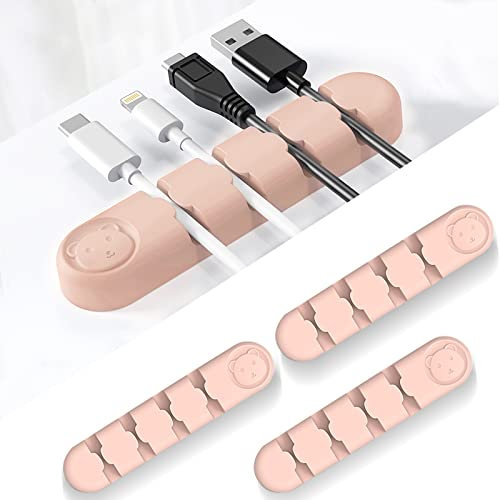 Minicoco Self Adhesive Cable Clips Cable Holders,3pc Silicone Cord Organizer USB Cable Management for Organizing Cable Cords, Home, Office, Car, Nightstand, Desk Accessories (Cute Pink)