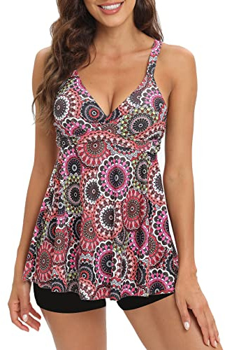 Adigaber Damen zweiteilig Badeanzug Push up Bademoden bauchweg Tankini Set mit Hot Pants Drucken Badeanzug Sportlich