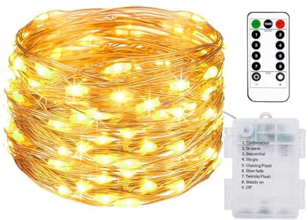 10M/33FT Fairy Lights Battery Operated with Remote, 100LED String Lights Battery Powered Outdoor Indoor IP65 Waterproof, 8 Modes Copper Wire Twinkle Lights for Bedroom Christmas Decor-Warm White