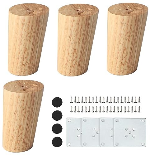 DBREAKS Möbelfüße Holz, 4 Stück Massivholz Konisch Schräg Ersatz Tischbeine, 8cm Möbelbeine mit Montageplatten & Schrauben, Sofafüße&Sockelfüße&Tischfuß für Stühle, Schrank, Sofa, Couchtisch, TV