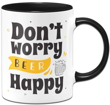 Tassenbrennerei Bier Tasse - Don't worry beer happy - Kaffeetasse lustig mit Spruch für Männer - Bierglas - Geschenk für Mann (Schwarz)