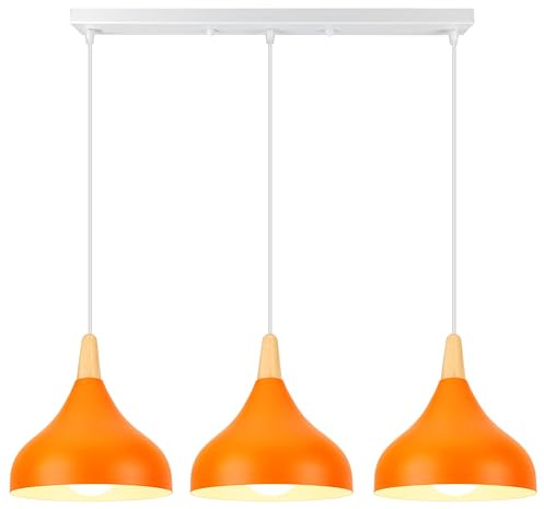 iDEGU 3-flammig Hängelampe Retro E27 Hängeleuchte Moderne Tropfenförmig Lampenschirm Pendelleuchte aus Metall Holz Vintage Lampe für Esszimmer Küche Wohnzimmer Schlafzimmer (Balken, Orange)