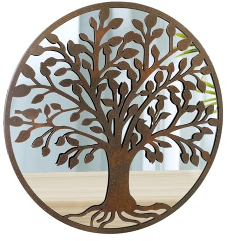 Miroir Mural Rond en Métal Effet Vieilli Décoration Arbre de Vie de diamètre 50cm