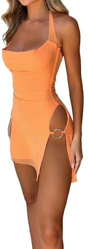 Loalirando Robe Courte Femme Halterneck Dos Nu Sexy Pute, Mini Robe Clubbing Slim Moulante Fendue sur Les Côtés (Orange, M)