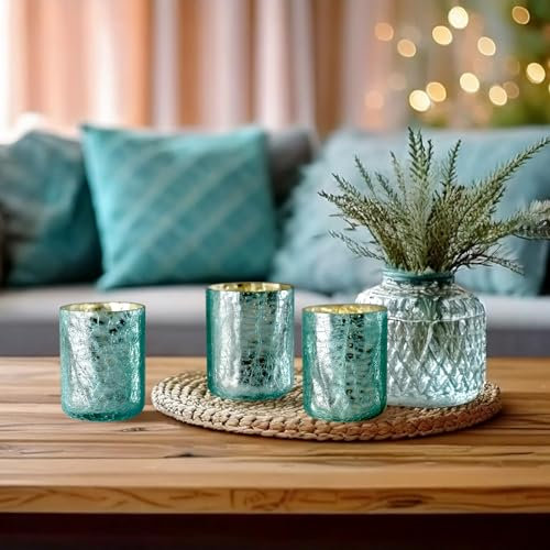 ZEYA Lot de 3 photophores en verre bleu - 9,5 cm de haut - Grands photophores bleus - Verre craquelé - Décoration en verre turquoise - Cadeau de Saint-Valentin