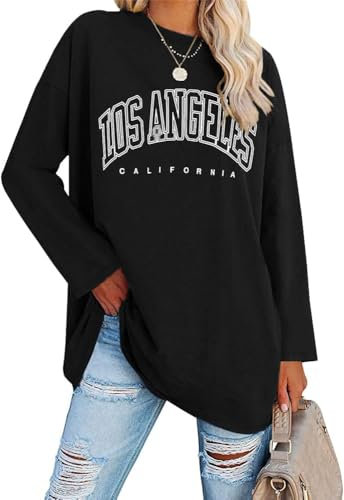 Ebifin Oversize Langarmshirt Damen Longshirt Rundhalsausschnitt Los Angeles Oberteil Langarm T Shirts Pullover Basic Tunika Tee Tops.Schwarz.XL
