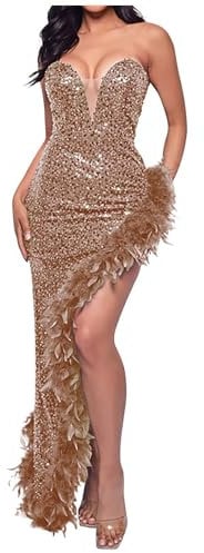 RKaixuni Women Sequin Feather Tube Dresses Wedding Guest Maxi Bandeau Dress Evening Party High Slit Cocktail Prom Ball Gown Rose Gold