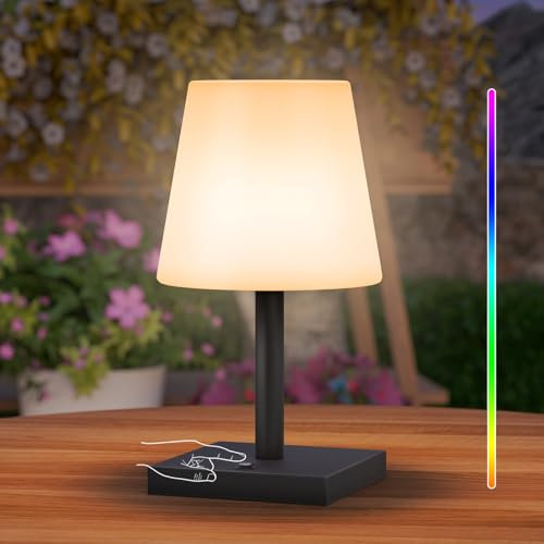 Postlucky LED Tischlampe Outdoor kabellos dimmbare Touch Warmweiß und RGB USB-C aufladbar LED Akku Tischleuchte kabellos mit Fernbedienung IP44 für Innen/Außen (schwarz Touch-Steuerung)
