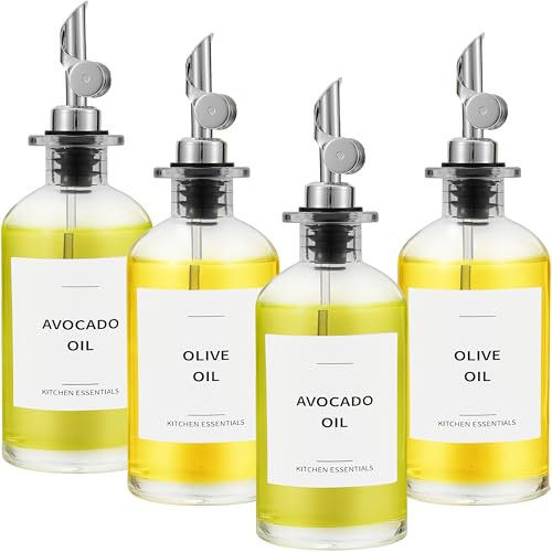 Spaceneat Olive Oil Dispenser Bottle - Includes 55 Kitchen Essential Labels - Cooking Oil Bottles for Kitchen, Coffee Syrup Dispenser - Pourer Spout with 350 ml Glass Container Cruet - 4pcs, Silver