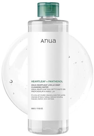 ANUA Heartleaf Tiefenreinigungswasser mit niedrigem pH-Wert, Mizellenwasser, Panthenol, Squalan, Make-up-Entferner für empfindliche Haut, koreanische Hautpflege, 500 g, 17,63 oz.