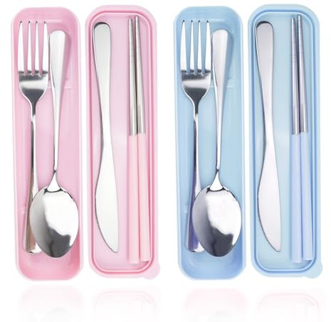 DIYJEP 2 Pièces Set de Couverts Voyage en Acier Inoxydable, Ensemble de Couverts de Camping avec Etui Baguettes Couteau Fourchette Cuillère Pour Pique-Nique École DéJeuners Bureau (Bleu + Rose)