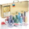 GOODS+GADGETS Profi Pokerkoffer Pokerset 500 Schwerer 12g Metallkern Poker-Chips; Pokerdeck, Pokerkarten, Würfel, Dealer-Button; abschließbar Alu-Koffer; Casino für Zuhause (Gold, 500 Chips)