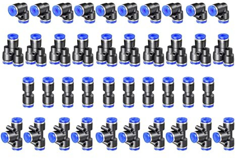 HAXIHA 40 Pièces 3/8 Connecteur Pneumatique,OD 10mm Raccord Rapide Air Comprimé, 10 Straight 10 Coudes 10 Té 10 Séparateurs