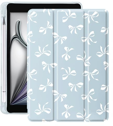 Idocolors Lovely White Bow Pad Case for 7.9 Inch iPad mini 4/iPad mini 5, Clear TPU Stand Back Cover with Pencil Holder, Blue Auto Wake/Sleep Adjustable Protective Case