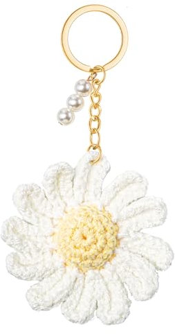 Neikafan Schlüsselanhänger Gänseblümchen Gehäkelt Handstricken Blumen Anhänger Schlüsselanhänger Blumen Anhänger Deko mit Perle für Schlüssel Und Taschenzubehör Geschenk für Damen,Mädchen