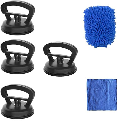 DawlQawwi Ventose Kit Ventose rimozione ammaccature carrozzeria (4 x 60 mm), guanti e panno inclusi, riparazione senza vernice auto/vetro/piastrelle (4 x piccola ventosa + guanti + asciugamano)