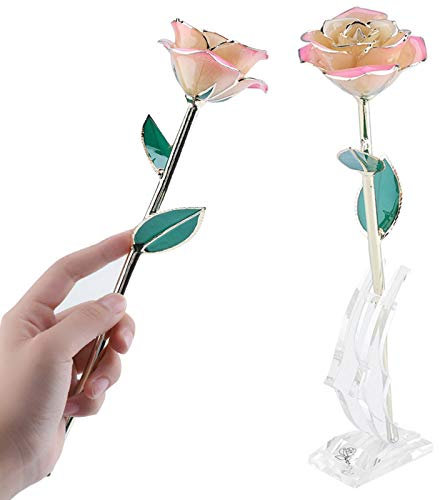 Pissente Rose Plaqu¨¦e Or 24K, Fleur ¨¦ternelle avec Base de Vase en Cristal, ¨¦ternit¨¦ Artificielle pour Toujours Rose pour D¨¦coration de Mariage, Feuille Verte, D¨¦Tails R¨¦alistes