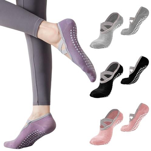 bssmmai 4 Paia Calze Pilates Donna Antiscivolo, Calzini Antiscivolo Donna Pilates, Calzini Yoga, Calze Traspiranti Taglia Unica Per Il Fitness (Nero, Grigio Rosa e Viola)