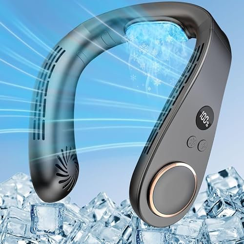Kouric Ventilador de Cuello con Aire Acondicionado,Aire Acondicionado Cuello Pantalla LED,Neck Fan USB Rechargeable 5 Velocidades,3 Niveles de Refrigeración,Ventilador Portatil Pequeño-Negro