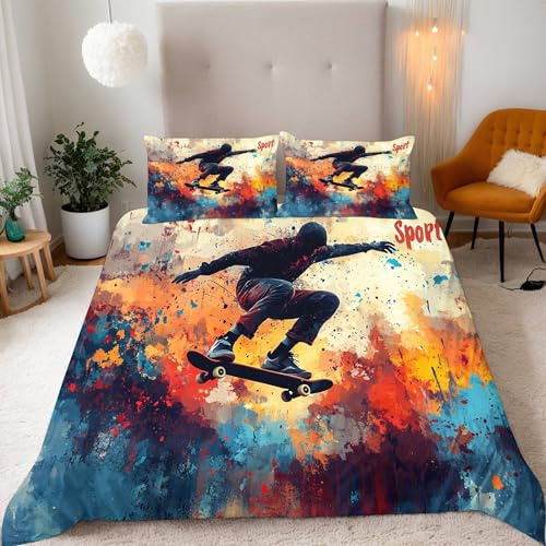 Generisch Sport-Skateboard Bettwäsche 135x200 Graffiti Bettbezug Junge Mädchen 3D Effekt Teenager Bettwäsche-Set Mikrofaser Bettbezug Mit Reißverschluss Und 2 Kissenbezug 80x80 cm