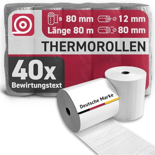 Gebongt24 Thermorollen 80 mm x 80 m x 12 mm 55g/m² mit Bewirtungsbeleg für Gastronomie – hochwertige Bonrollen aus BPA-freiem Thermopapier – 40 Kassenrollen mit ⌀ 80 mm