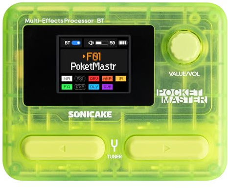 SONICAKE Pocket Master Guitar Bass Amp Modeling IR Cabinets Simulation Multi-Effects with Stereo OTG USB Audio Interface BT Audio 1.77 LCD Color Screen Transparent Green