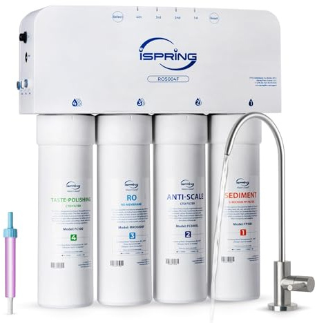 iSpring RO5004F Reverse Osmosis Water Filter with UV, 500 GPD RO System | Under Sink, 2:1 Pure to Drain, Tankless Water Filtration System with Boost Pump, Filter Life Monitor, Reduces PFAS, TDS, Lead