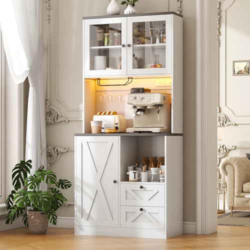 180,3 cm hoher Kaffee-Barschrank mit Aufbewahrungsstall, Bauernhaus-Küche, Speisekammerschrank mit LED-Lichtern, Mikrowellenständer und Glashalter für Zuhause, Esszimmer, Küche, Weiß