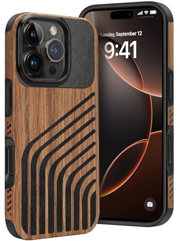 Dolstrap Rugged Case Compatible with iPhone 16 Pro Case, (Natural Wood & Leather & Carbon Fiber Hybrid) Slim Phone Cover, Chord