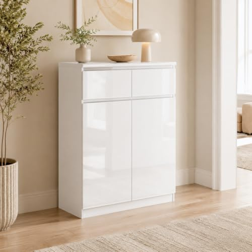 Caldion Sideboard Küche Küchenschrank Schuhschrank 2 Schubladen und 2 Türen glänzend für Küche Aufbewahrungsschrank mit Türen Eingangsbereich Wohnzimmer 80 x 40 x 102 cm Weiß