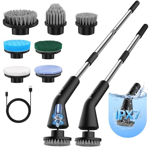 WGIDSKKI Elektrische Reinigungsbürste, Duschreinigungsbürste mit 7 Austauschbaren Bürstenköpfen, Electric Spin Scrubber Schnurlos mit Ausziehbarem Griff, für Badezimmer, Küche und Auto (Schwarz)
