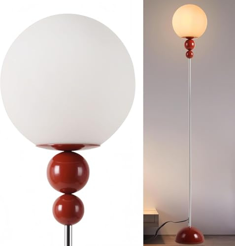 Alpinaluz Rote Stehlampe E27 Opalglas-Globus D24 cm Chrom Mid Century | Zwei rote Dekorkugeln, verchromte Stange und Fußschalter für Wohnzimmer, Schlafzimmer, Leseecke und Flur