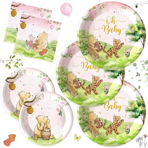 30PCS Pink Winnie Bear Party Supplies for Girls Baby Shower Bear Decorations Tableware Set Babyshower Birthday Party Set Plates Napkins for 30 Guests Kids